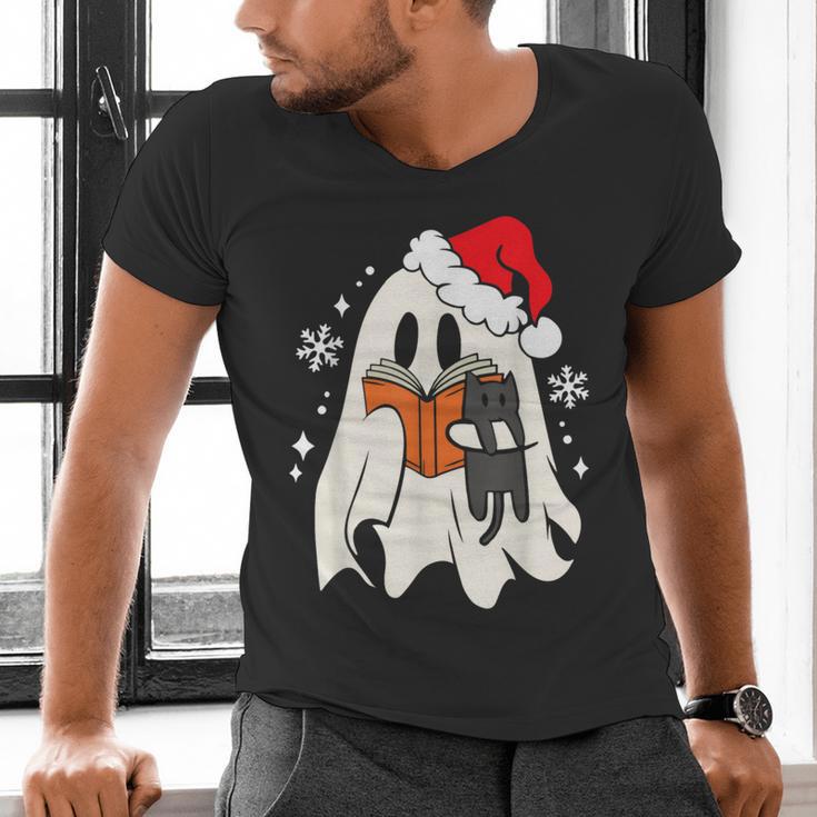 Retro Ghost Reading Book With Cat Bookish Club Christmas Men Women Kids Men's V-Neck T-Shirt