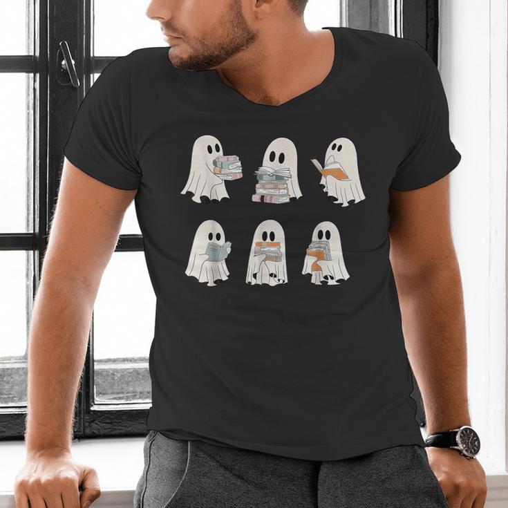Retro Ghost Reading Books Halloween Bookish Ghost Bookworm Men's V-Neck T-Shirt