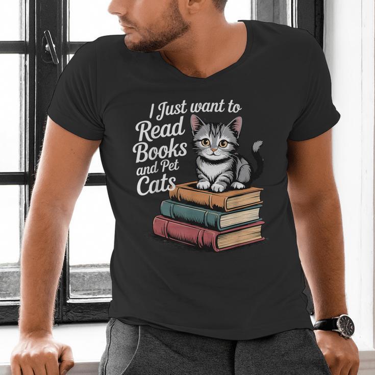 Retro I Just Want To Read Books And Pet Cats Cat For Men Women Kids Men's V-Neck T-Shirt