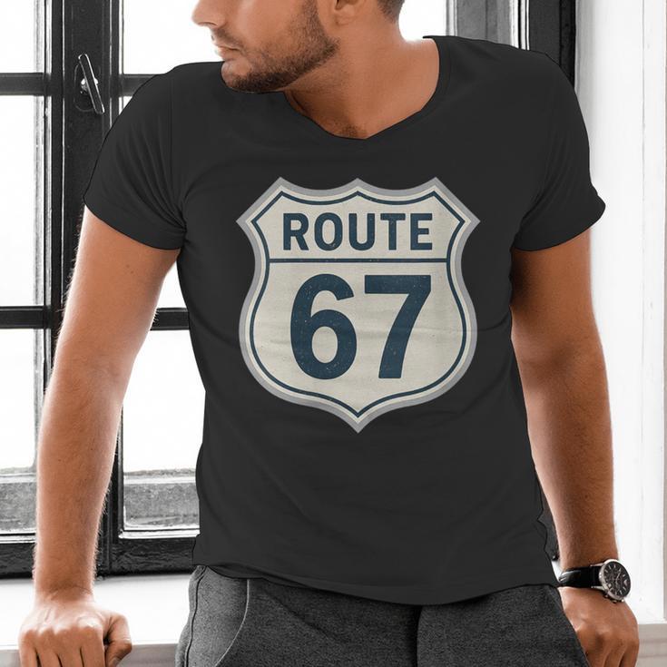 Retro Route 67 Highway Sign Vintage Road Nostalgia Men's V-Neck T-Shirt Retro Route 67 Highway Sign Vintage Road Nostalgia Men's V-Neck T-Shirt