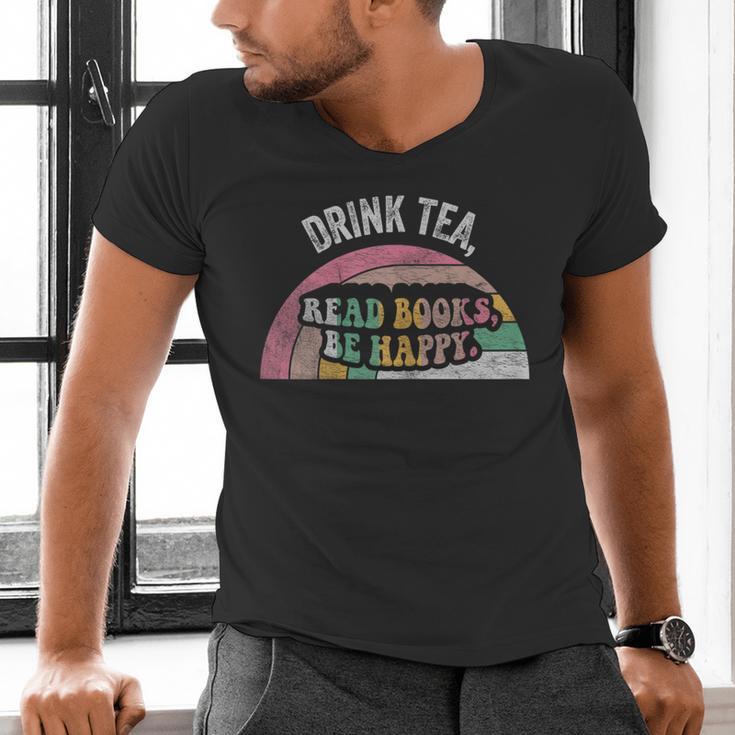 Retro Vintage Drink Tea Read Books Be Happy Reading Men's V-Neck T-Shirt