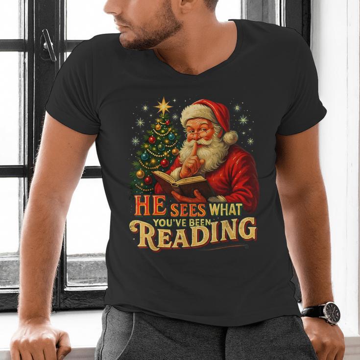 He Sees What You’Ve Been Reading Santa Book Lover Christmas Men's V-Neck T-Shirt He Sees What You’Ve Been Reading Santa Book Lover Christmas Men's V-Neck T-Shirt