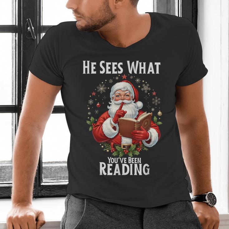 He Sees What You'Ve Been Reading Santa Book Lover For Women Men's V-Neck T-Shirt