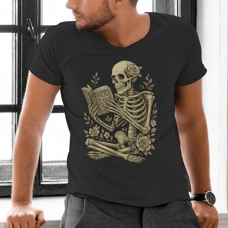 Skeleton Book Floral Skull Halloween Teacher Costume Men's V-Neck T-Shirt Skeleton Book Floral Skull Halloween Teacher Costume Men's V-Neck T-Shirt