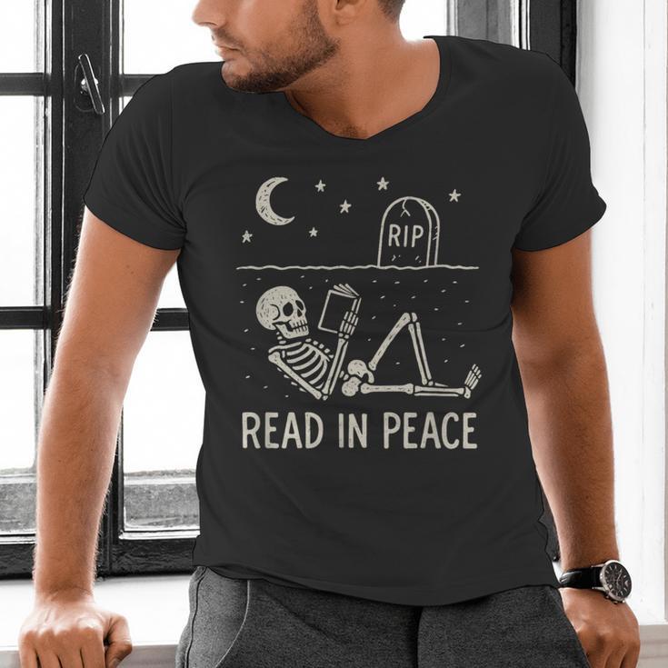 Skeleton Read In Peace Halloween Book Graphic Bookish Men's V-Neck T-Shirt