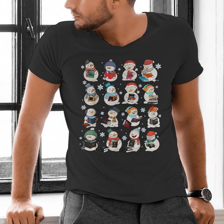 Snowman Reading Book Christmas Cozy Book Lover Bookish Men's V-Neck T-Shirt