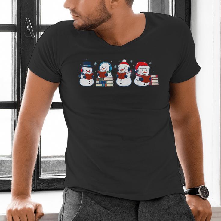 Snowman Reading Books Teacher Librarian Bookworm Christmas Men's V-Neck T-Shirt