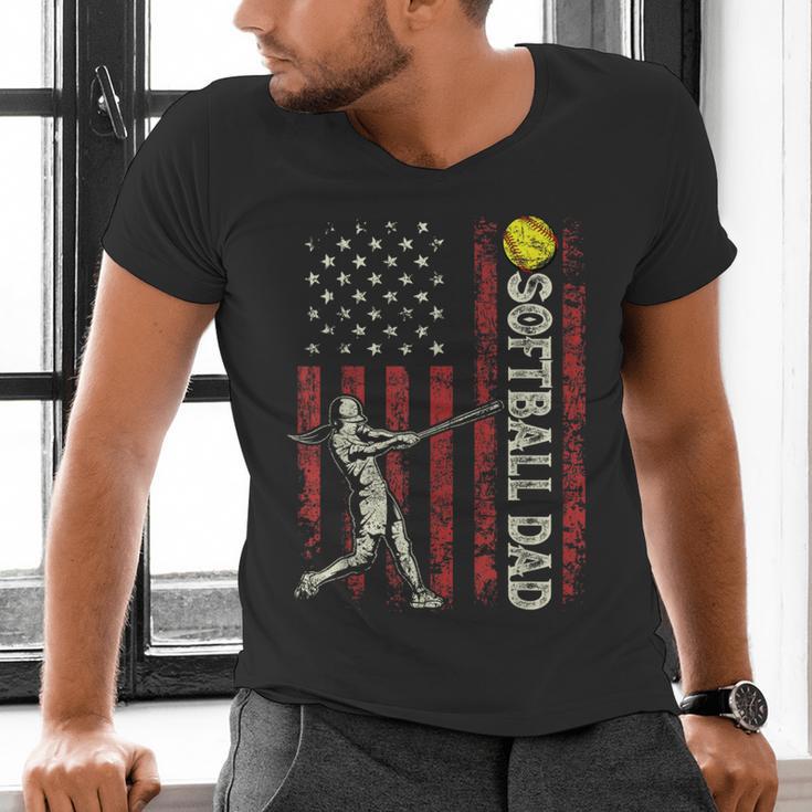 Softball Dad US Flag For Dad Men Patriotic Fathers Day Men's V-Neck T-Shirt