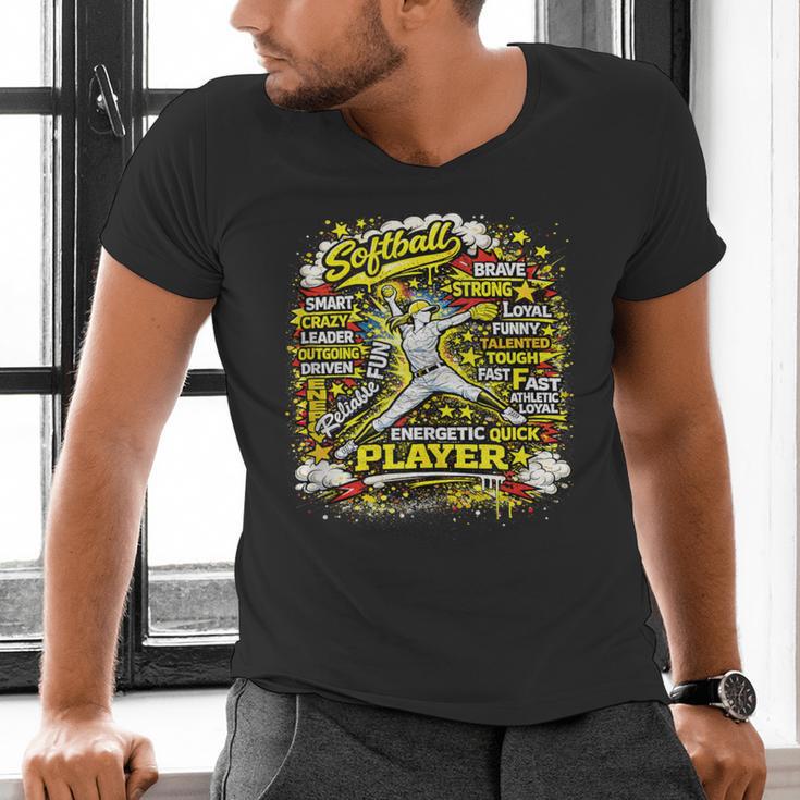 Softball Pitcher Best Traits Brave Retro Pop Comic Book Art Men's V-Neck T-Shirt
