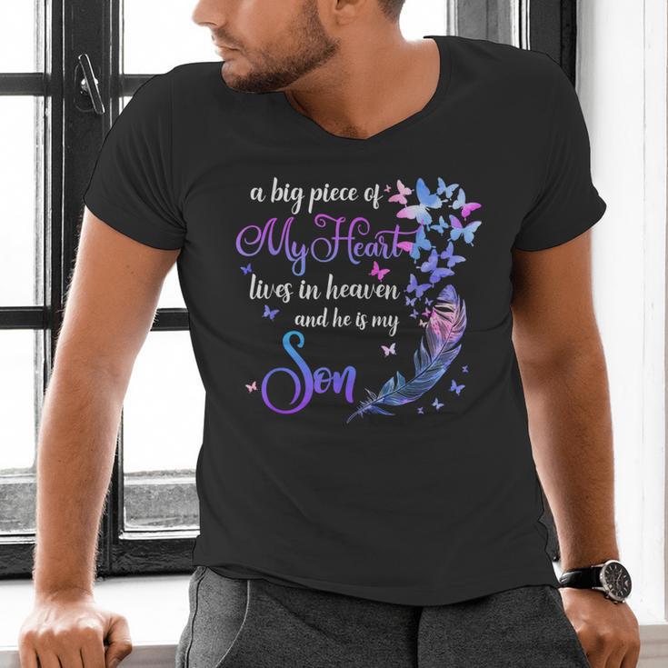 My Son Lives In Heaven Memorial Quotes Love Mom Dad Matching Men's V-Neck T-Shirt
