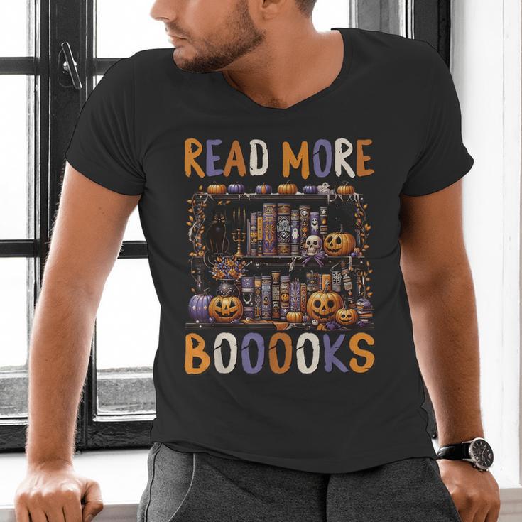 Spooky Halloween Bookshelf Bookcase Read More Books Men's V-Neck T-Shirt