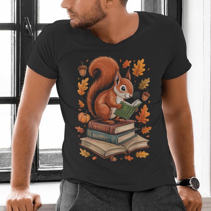 Squirrel Reading Book Lovers Fall Leaves Library Books Men's V-Neck T-Shirt Squirrel Reading Book Lovers Fall Leaves Library Books Men's V-Neck T-Shirt