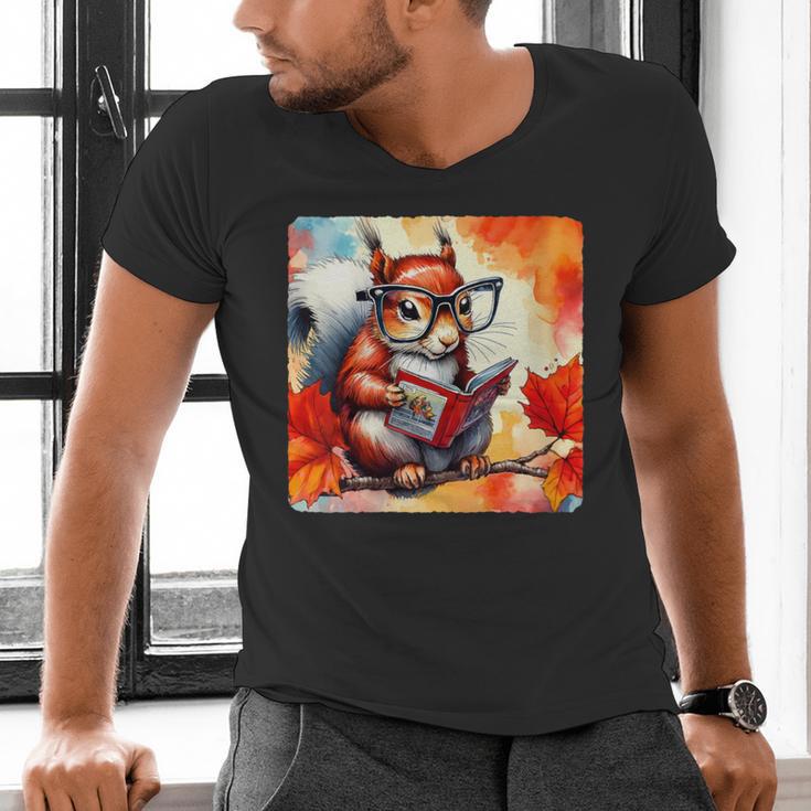 Squirrel Reading Comic Book On Autumn Branch Glasses Leaves Men's V-Neck T-Shirt Squirrel Reading Comic Book On Autumn Branch Glasses Leaves Men's V-Neck T-Shirt