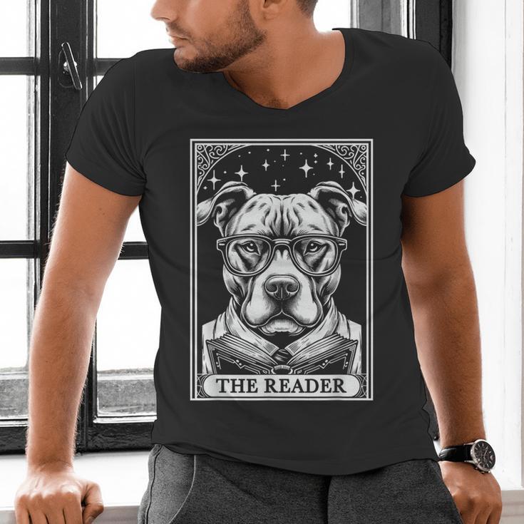 Tarot Card Vintage Pit Bull Pittie Dog Book Lover The Reader Men's V-Neck T-Shirt