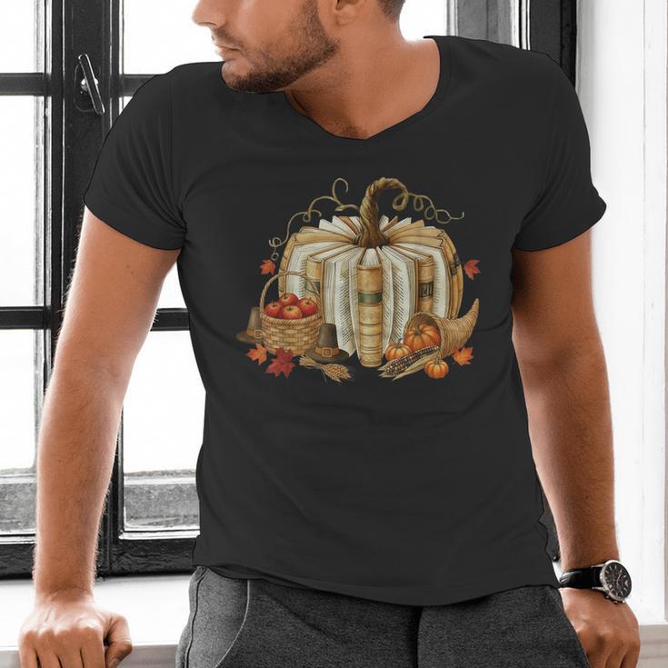 Teacher Book Pumpkin Fall Reading Thanksgiving Autumn Men's V-Neck T-Shirt