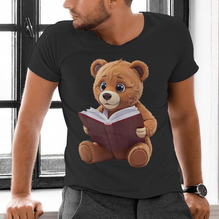 Teddy Bear Reading a Book Men's V-Neck T-Shirt