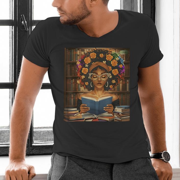 History Month Black Afro Girl Women Book Lovers Flower Men's V-Neck T-Shirt