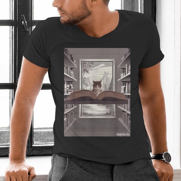 Totally Weird Tees Cat Library Book Reading Literary Men's V-Neck T-Shirt