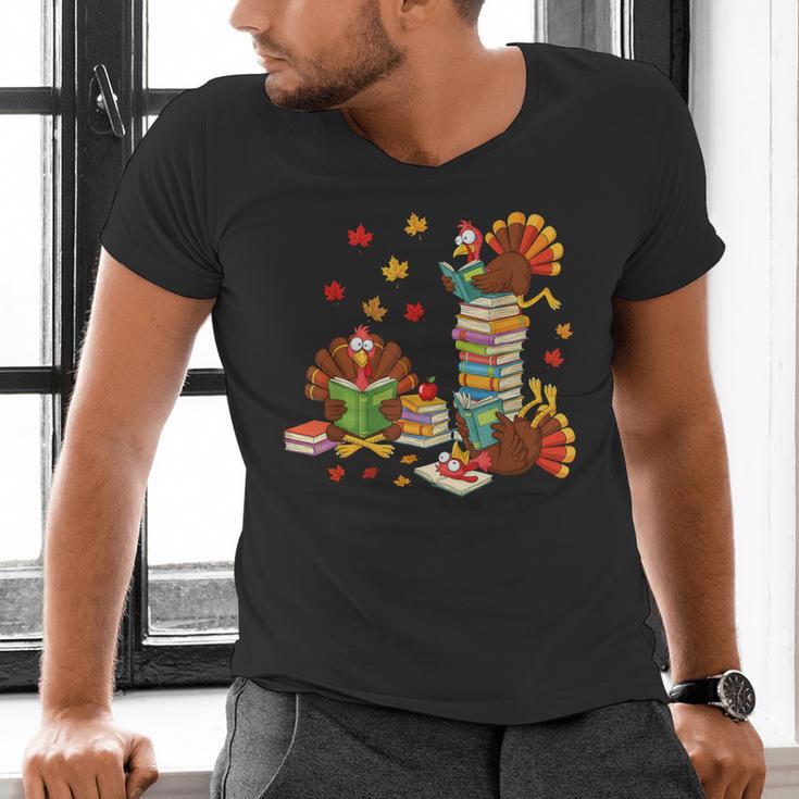 Turkey Reading Books Fall Librarian Book Lover Teacher Kids Men's V-Neck T-Shirt Turkey Reading Books Fall Librarian Book Lover Teacher Kids Men's V-Neck T-Shirt