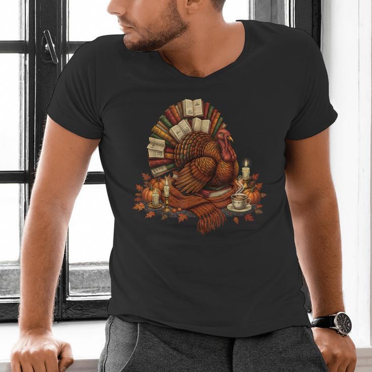 Turkey Reading Books Fall Season Thanksgiving Teacher Book Men's V-Neck T-Shirt Turkey Reading Books Fall Season Thanksgiving Teacher Book Men's V-Neck T-Shirt