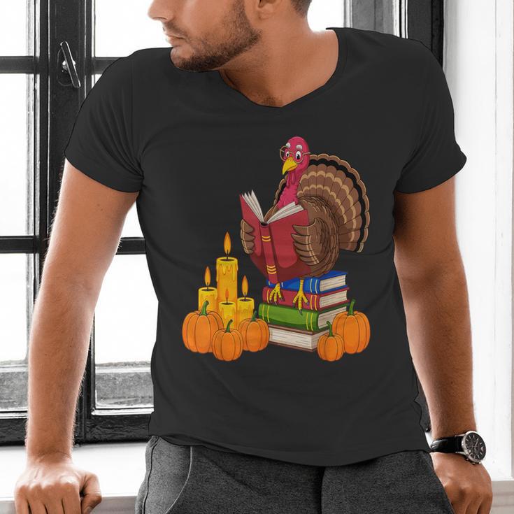 Turkey Reading Books Fall Thanksgiving Teacher Book Men's V-Neck T-Shirt Turkey Reading Books Fall Thanksgiving Teacher Book Men's V-Neck T-Shirt