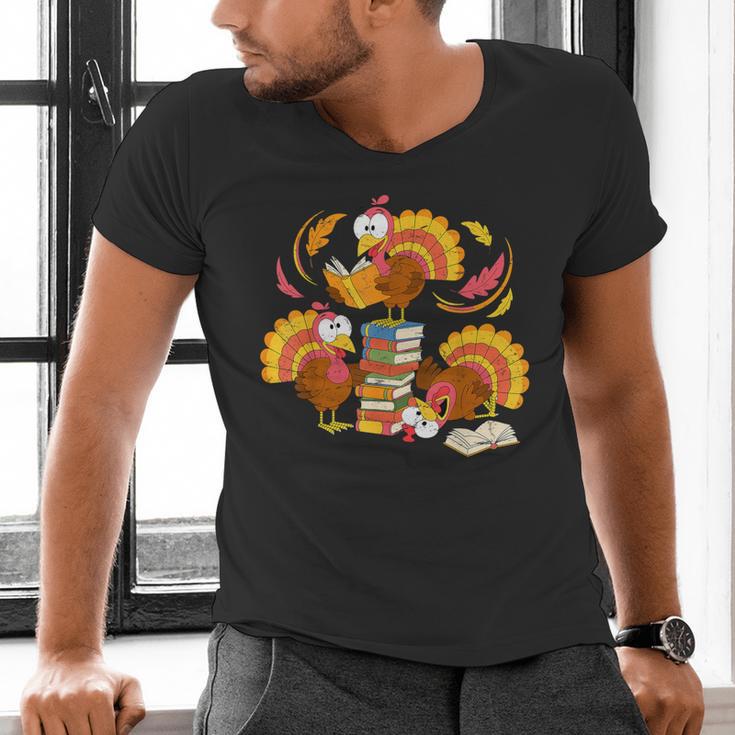 Turkey Reading Books Fall Thanksgiving Teacher Librarian Men's V-Neck T-Shirt