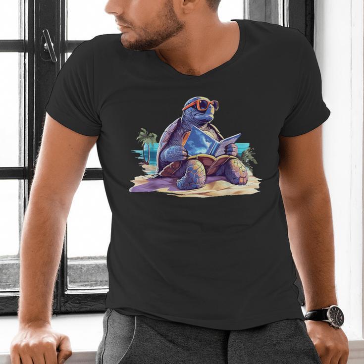 Turtle Wearing Sunglasses Reading A Book On The Beach Summer Men's V-Neck T-Shirt