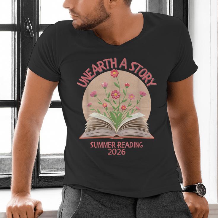 Unearth a Story 2026 Summer Reading Program Flowers Book Men's V-Neck T-Shirt