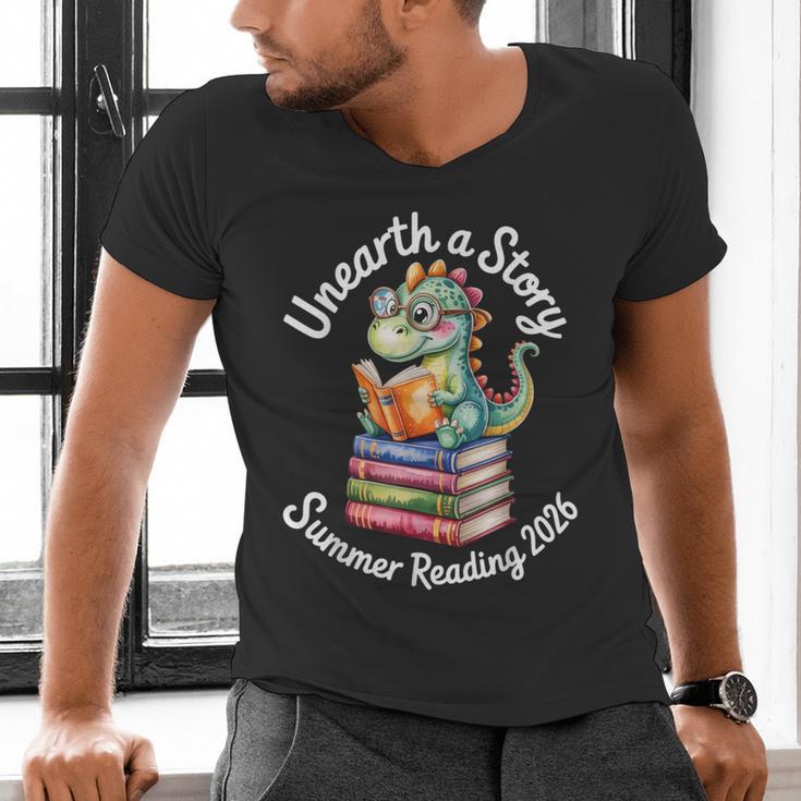 Unearth a Story Summer Reading 2026 Book Lover Dino Fun Men's V-Neck T-Shirt Unearth a Story Summer Reading 2026 Book Lover Dino Fun Men's V-Neck T-Shirt