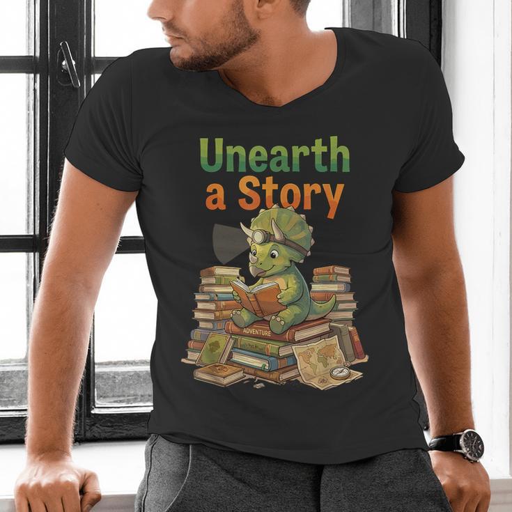 Unearth a Story Triceratops Dinosaur Reading Books Cute Dino Men's V-Neck T-Shirt Unearth a Story Triceratops Dinosaur Reading Books Cute Dino Men's V-Neck T-Shirt
