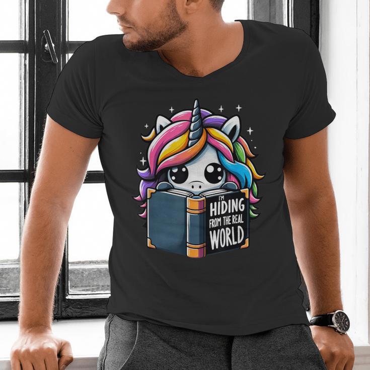 Unicorn Reading Book Reader Introvert Book Lover Humor Men's V-Neck T-Shirt Unicorn Reading Book Reader Introvert Book Lover Humor Men's V-Neck T-Shirt