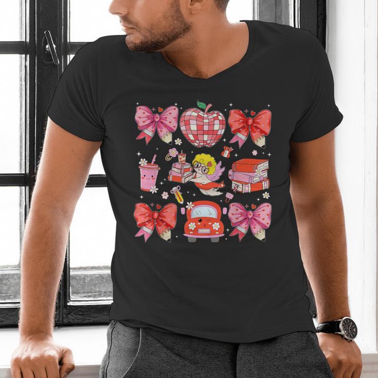 Valentine Cupid Coquette Pink Bow Apple Books Teacher Men's V-Neck T-Shirt
