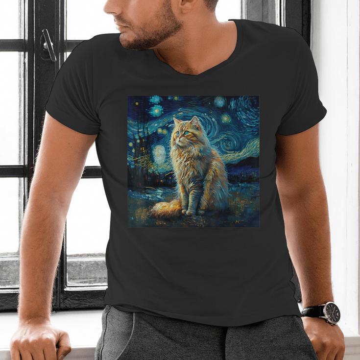 Van Gogh Starry Night Cat For Cat Lover Cat Mom And Cat Dad Men's V-Neck T-Shirt