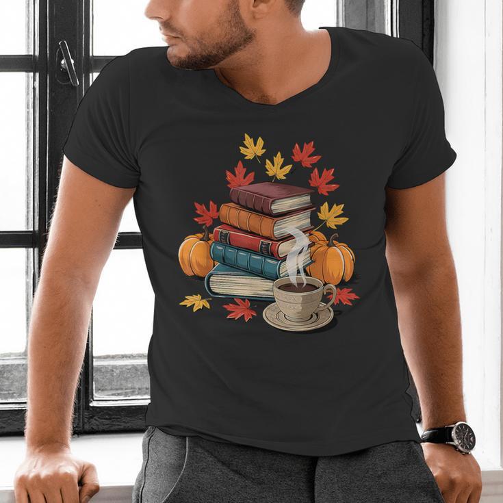 Vintage Books Tea Lovers Fall Autumn Leaves And Pumpkins Men's V-Neck T-Shirt