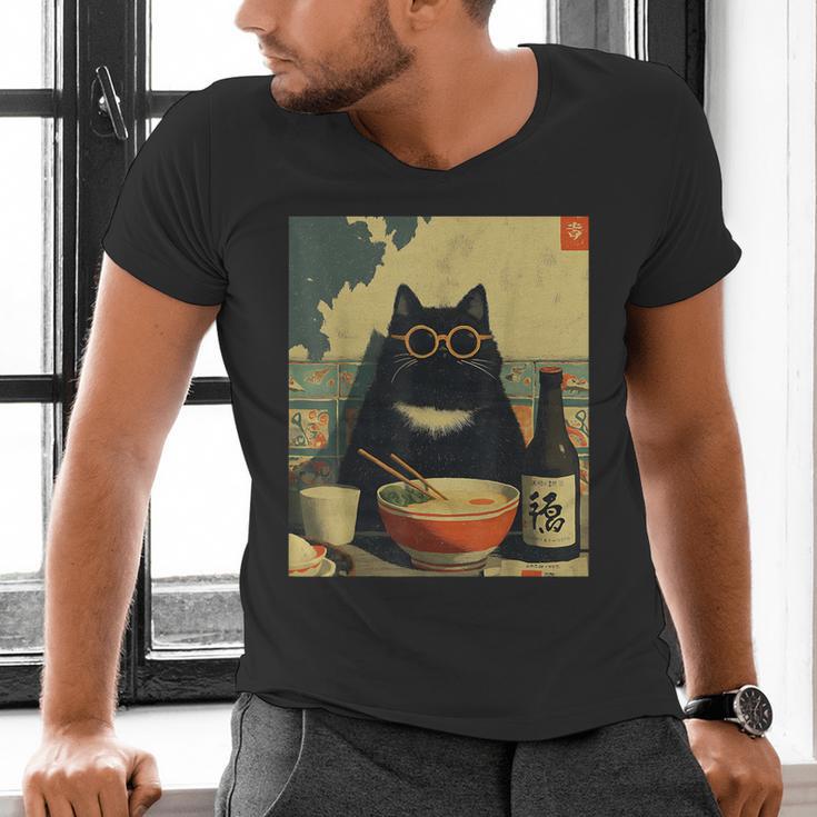 Vintage Japanese Cat Ramen Cat Dad Retro Graphic Women Men's V-Neck T-Shirt