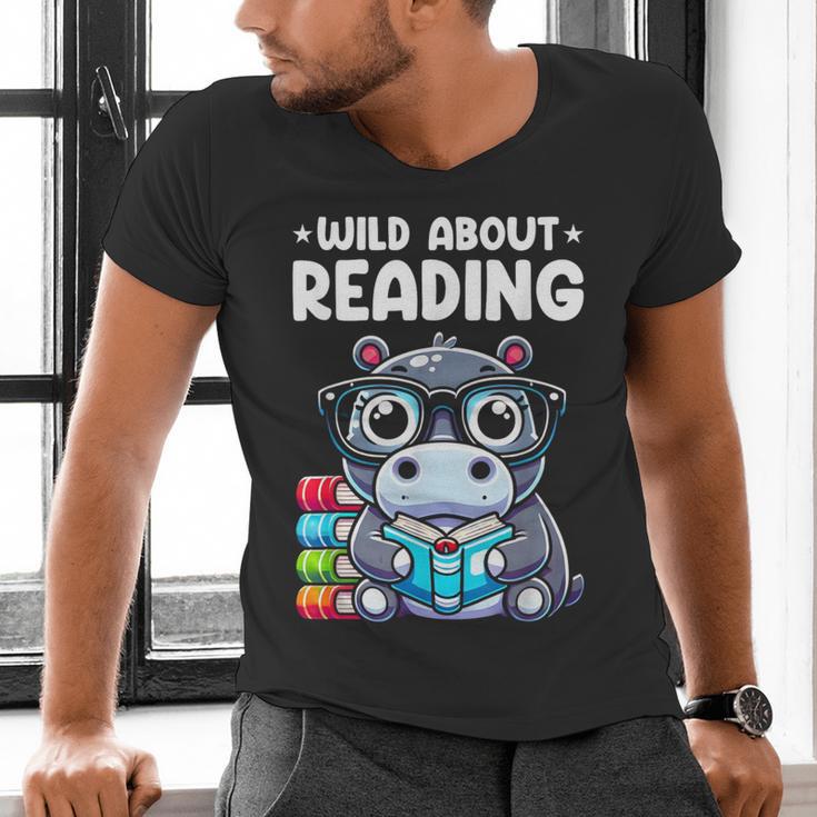 Wild About Reading Book Lover Hippo Men's V-Neck T-Shirt