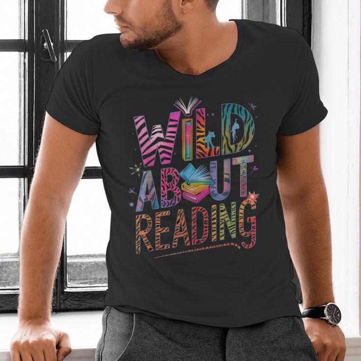 Wild About Reading Books Readers Lovers Bookworm Library Day Men's V-Neck T-Shirt
