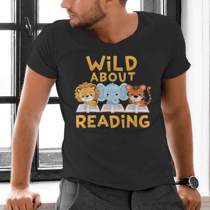 Wild About Reading Cute Animal Book Lover Kids Men's V-Neck T-Shirt Wild About Reading Cute Animal Book Lover Kids Men's V-Neck T-Shirt