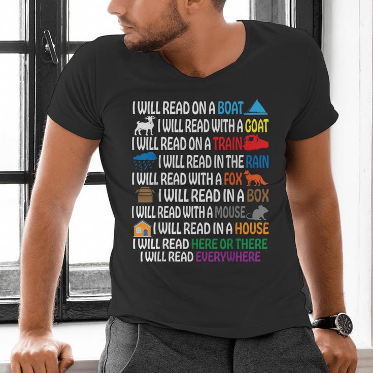 I Will Read Books On A Boat & Everywhere Reading Kids Book Men's V-Neck T-Shirt I Will Read Books On A Boat & Everywhere Reading Kids Book Men's V-Neck T-Shirt