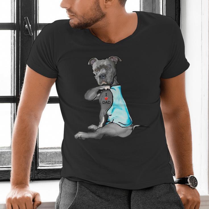 Women Dog Pitbull I Love Dad Tattoo Men's V-Neck T-Shirt