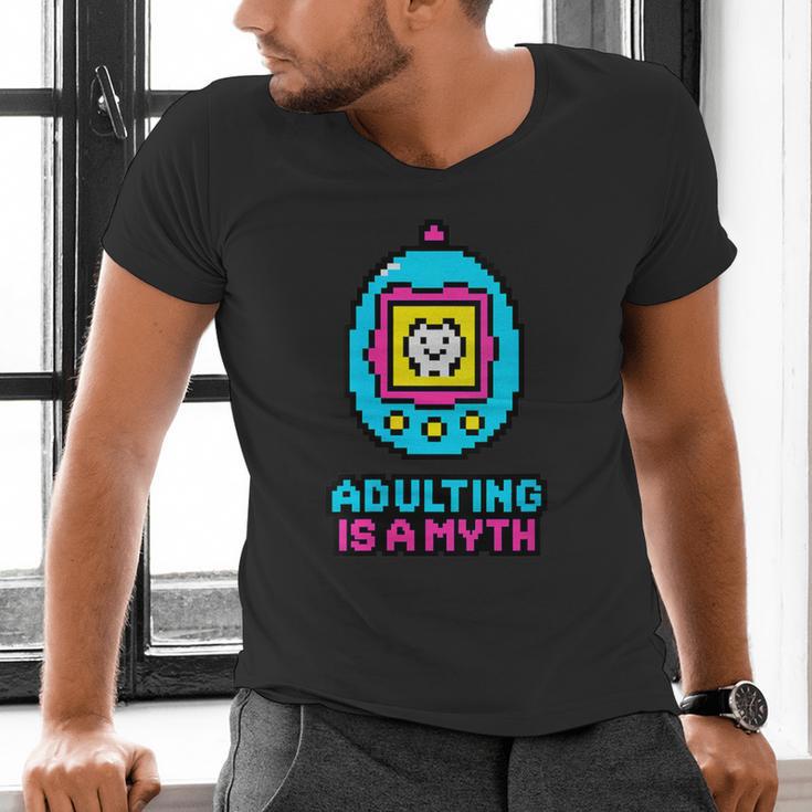 Women's Adulting Is A Myth Retro Pixel Pet Nostalgia Millennials Men's V-Neck T-Shirt