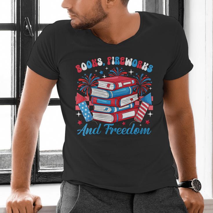 Women's Books Fireworks And Freedom Independence Day Book Lover Men's V-Neck T-Shirt Women's Books Fireworks And Freedom Independence Day Book Lover Men's V-Neck T-Shirt