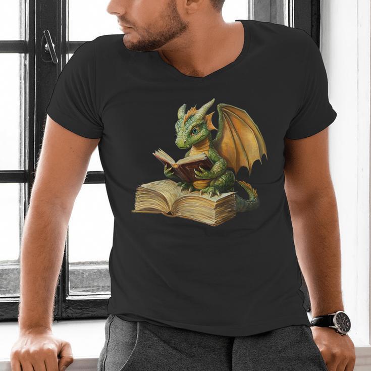 Women's Dragon Bookworm Reading Book Graphic Men's V-Neck T-Shirt Women's Dragon Bookworm Reading Book Graphic Men's V-Neck T-Shirt