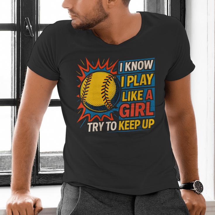 Women's Girls Softball Play Like A Girl Comic Book Pop Art Men's V-Neck T-Shirt