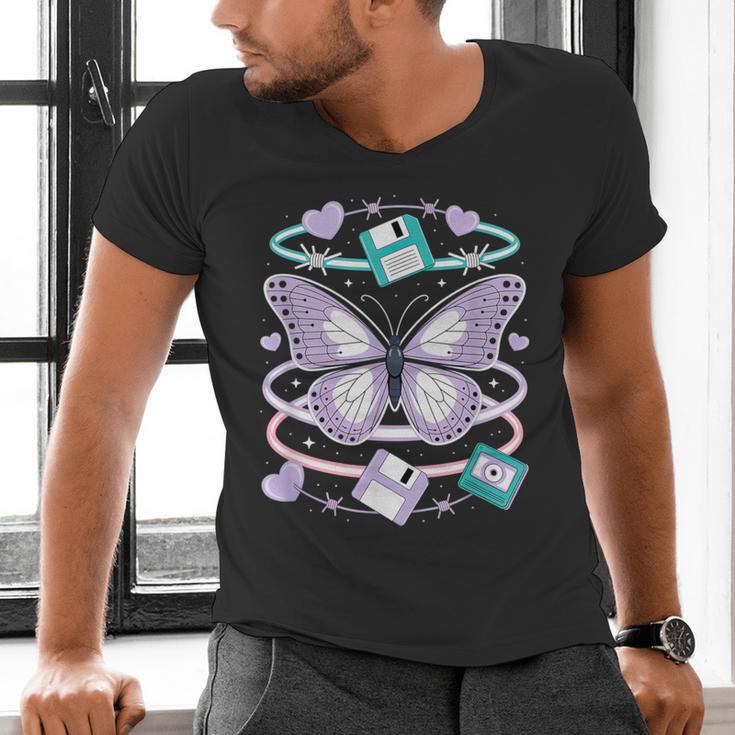 Y2K Butterfly Floppy Disk Art Digital Nostalgia Men's V-Neck T-Shirt Y2K Butterfly Floppy Disk Art Digital Nostalgia Men's V-Neck T-Shirt