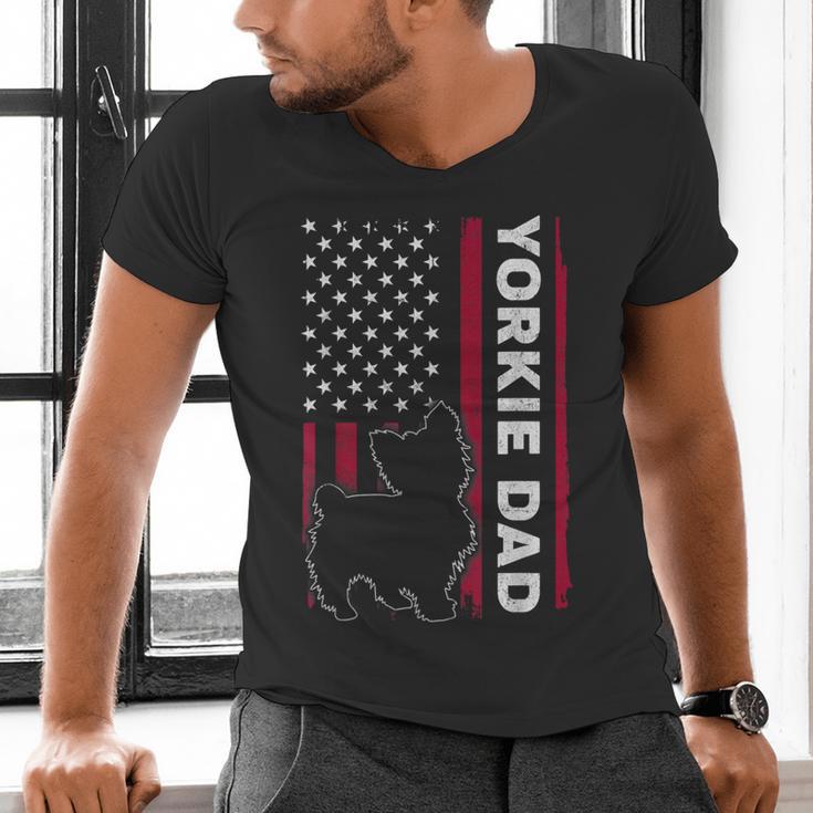 Yorkie Dog Vintage US American Flag Yorkie Dad Fathers Day Men's V-Neck T-Shirt