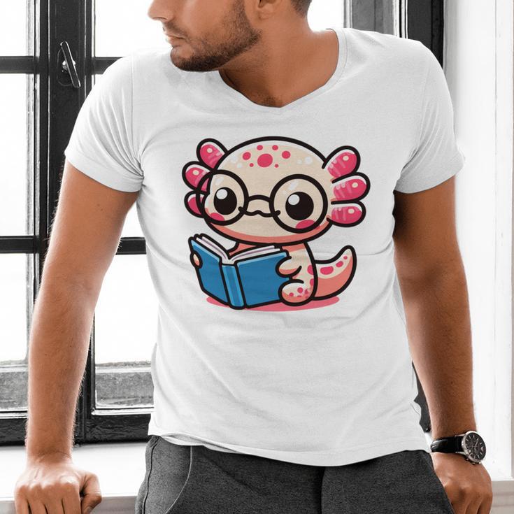 Adorable Book Lover Axolotl With Reading Glasses Cute Men's V-Neck T-Shirt