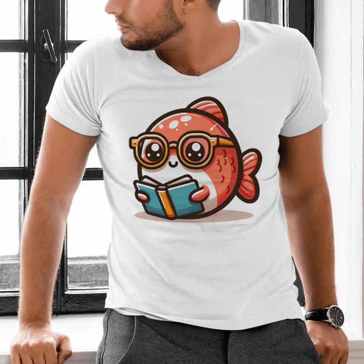 Adorable Book Lover Salmon With Reading Glasses Cute Men's V-Neck T-Shirt