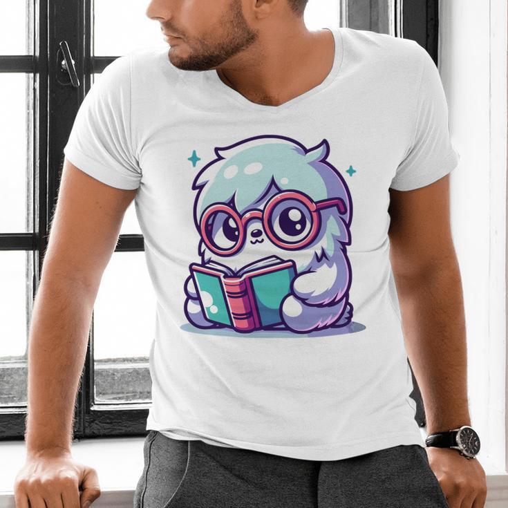 Adorable Book Lover Yeti With Reading Glasses Cute Men's V-Neck T-Shirt