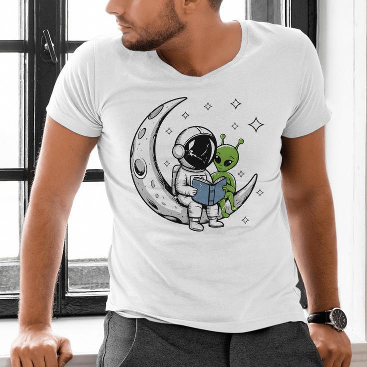 Astronaut Reading Book To Alien Moon Space Astronomy Men's V-Neck T-Shirt Astronaut Reading Book To Alien Moon Space Astronomy Men's V-Neck T-Shirt